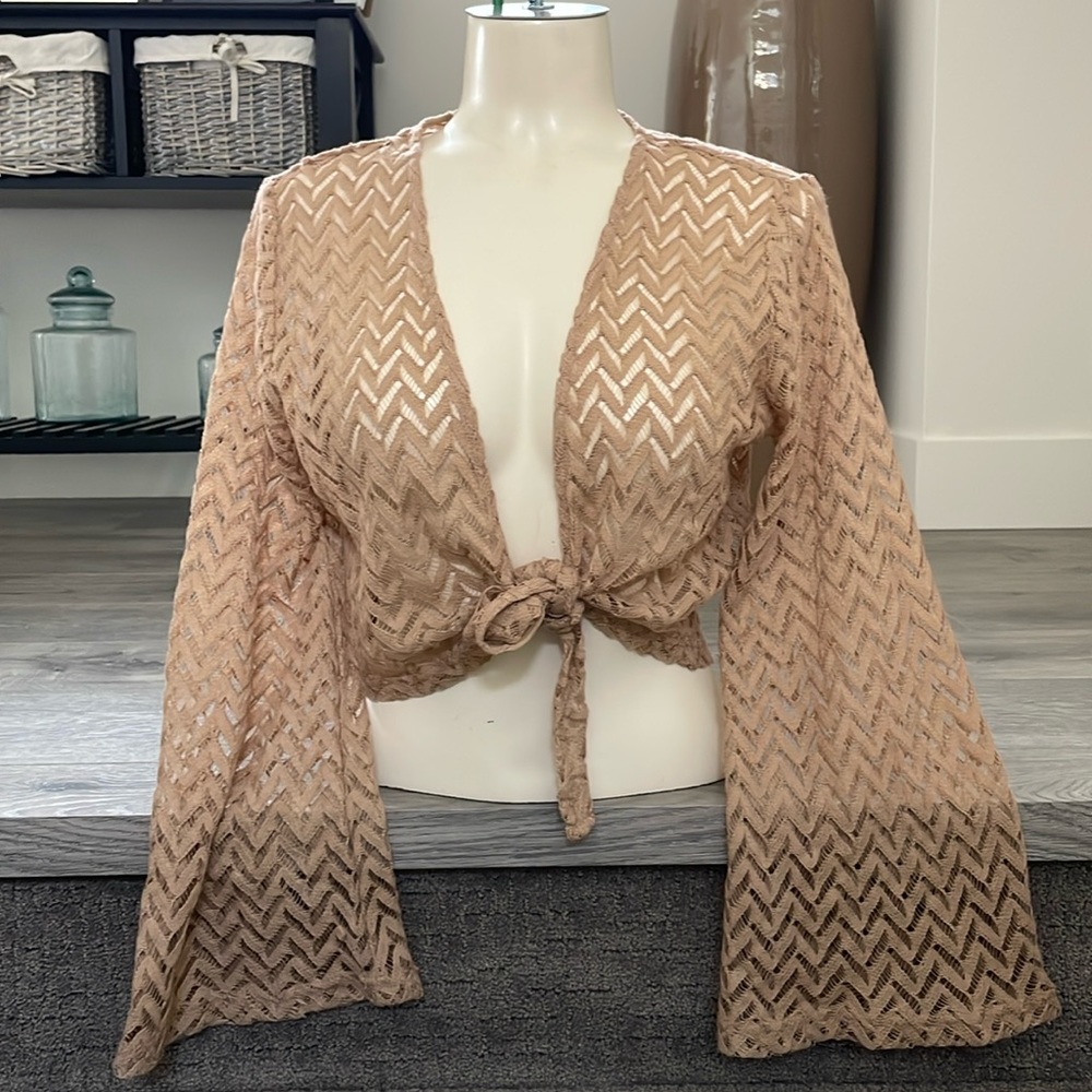 Golden BROWN Chevron Lace Bolero with long flared, arms and tie at the waist.